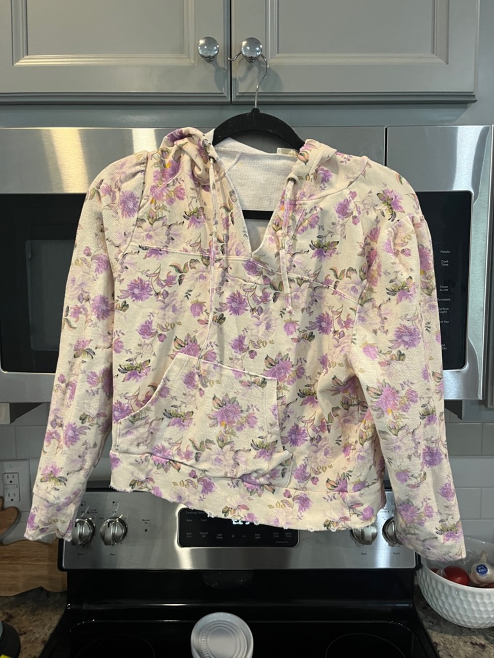 LoveShackFancy Cream Hoodie with Lavender Floral Print